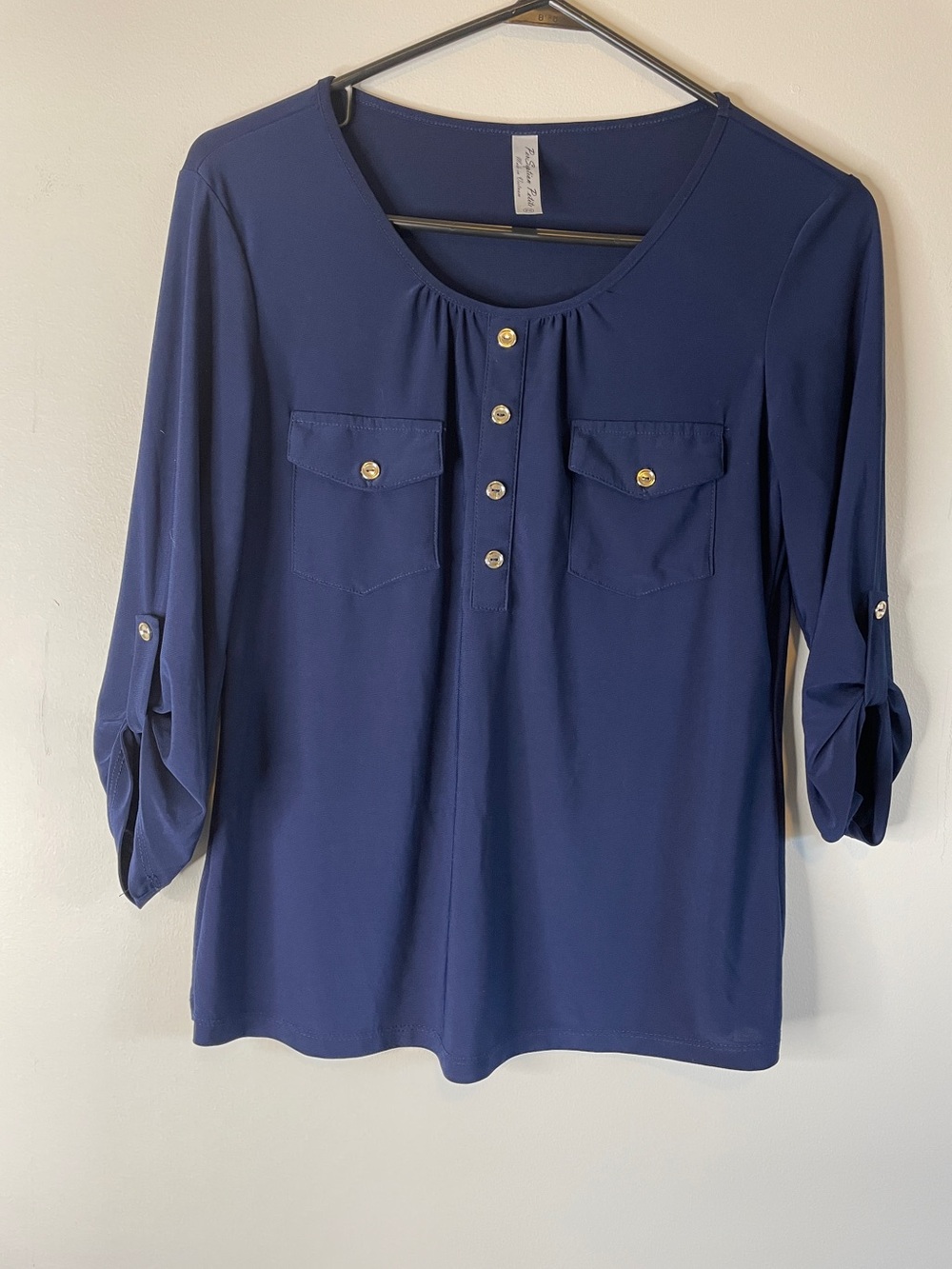 Perception Petite S Women’s Navy Button-Pocket Blouse with Roll-Tab Sleeves